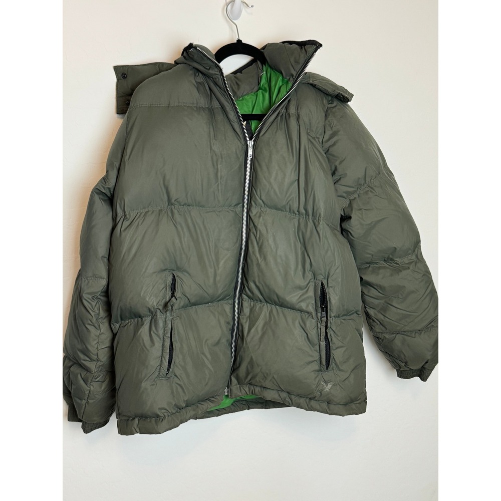 Vintage American Eagle Outfitters XL Down Puffer Jacket Olive Green Faux Fur AEO